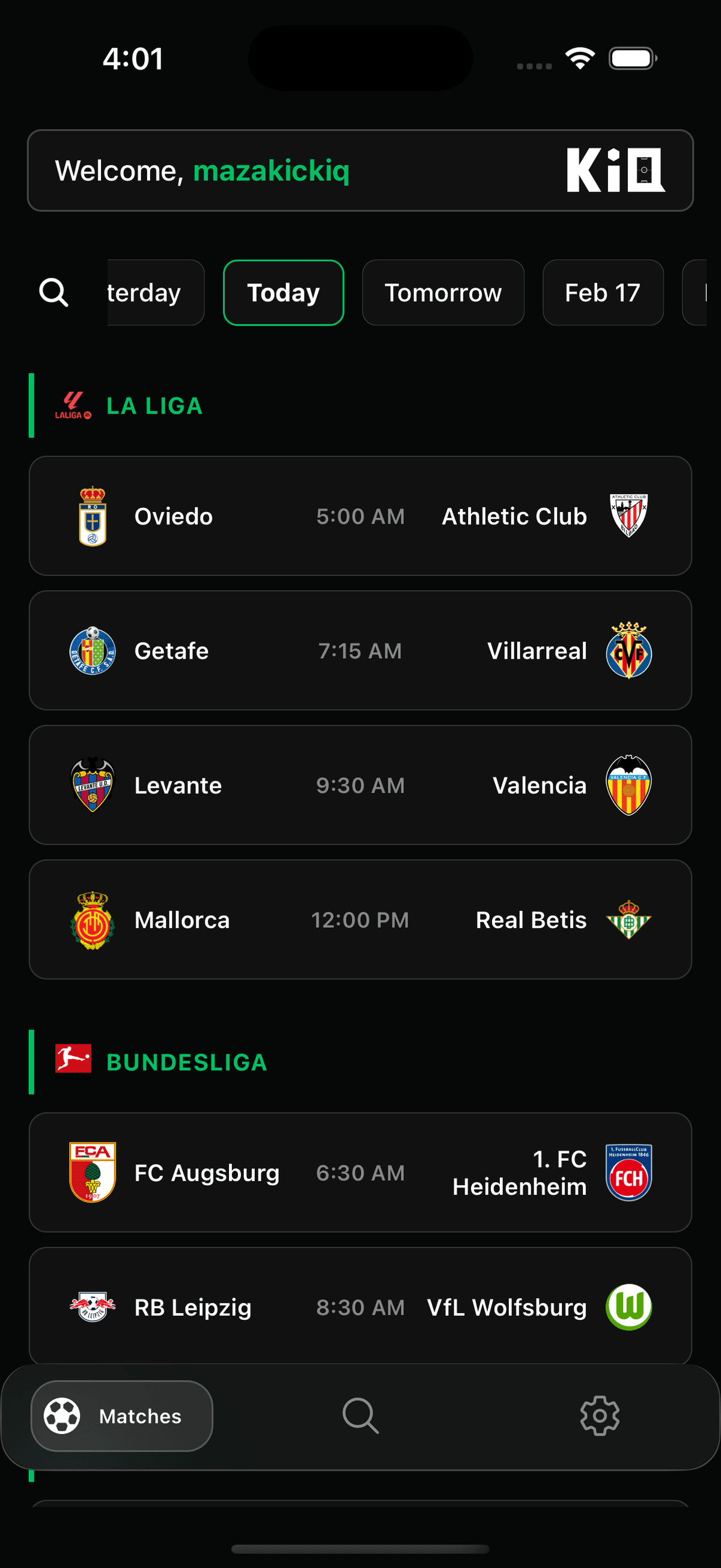 KICKIQ App - Match Schedule